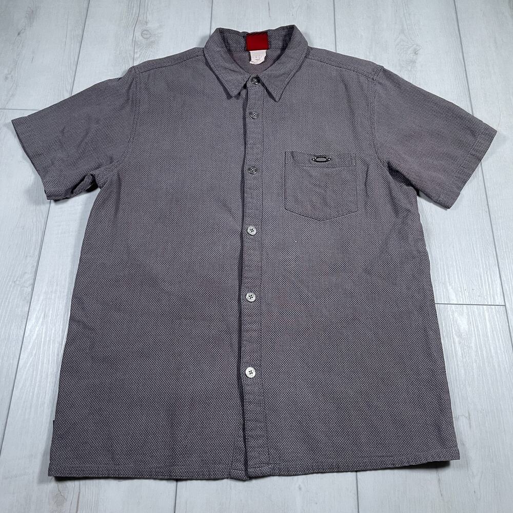 Oakley Mens Large Button Up Short Sleeve Shirt Pocket Metal Logo Purple Gray